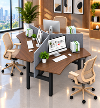 Load image into Gallery viewer, TriFlex Workstation three-person 120-degree cluster in walnut laminate with black legs and grey partitions