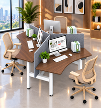 Load image into Gallery viewer, TriFlex Workstation three-person 120-degree cluster in walnut laminate with white legs and grey partitions