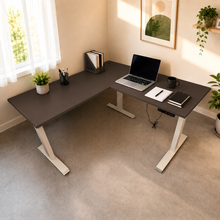 Load image into Gallery viewer, ErgoFlex L-shaped standing desk in Walnut laminate with white legs
