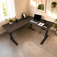 Load image into Gallery viewer, ErgoFlex L-shaped standing desk in Walnut laminate with black legs