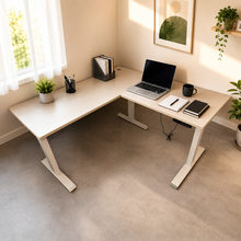 Load image into Gallery viewer, ErgoFlex L-shaped standing desk in Warm White laminate with white legs