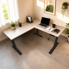 Load image into Gallery viewer, ErgoFlex L-shaped standing desk in Warm White laminate with black legs