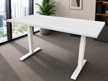 Load image into Gallery viewer, White laminate adjustable standing desk with white legs, front view