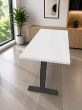 Load image into Gallery viewer, White laminate adjustable standing desk, side view