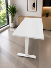 Load image into Gallery viewer, White laminate adjustable standing desk with white legs, side view