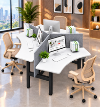 Load image into Gallery viewer, TriFlex Workstation three-person 120-degree cluster in white laminate with black legs and grey partitions