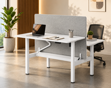 Load image into Gallery viewer, DuoFlex 2-person adjustable standing desk with white frame and a grey acoustic privacy partition between the two workstations