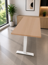 Load image into Gallery viewer, Wood laminate adjustable standing desk with white legs, side view